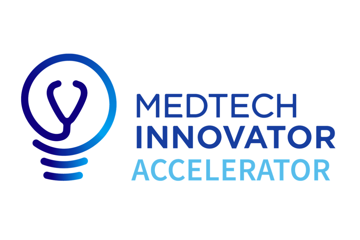 Logo of MedTech Innovator accelerator featuring a light bulb and stethoscope design, symbolizing healthcare technology innovation.