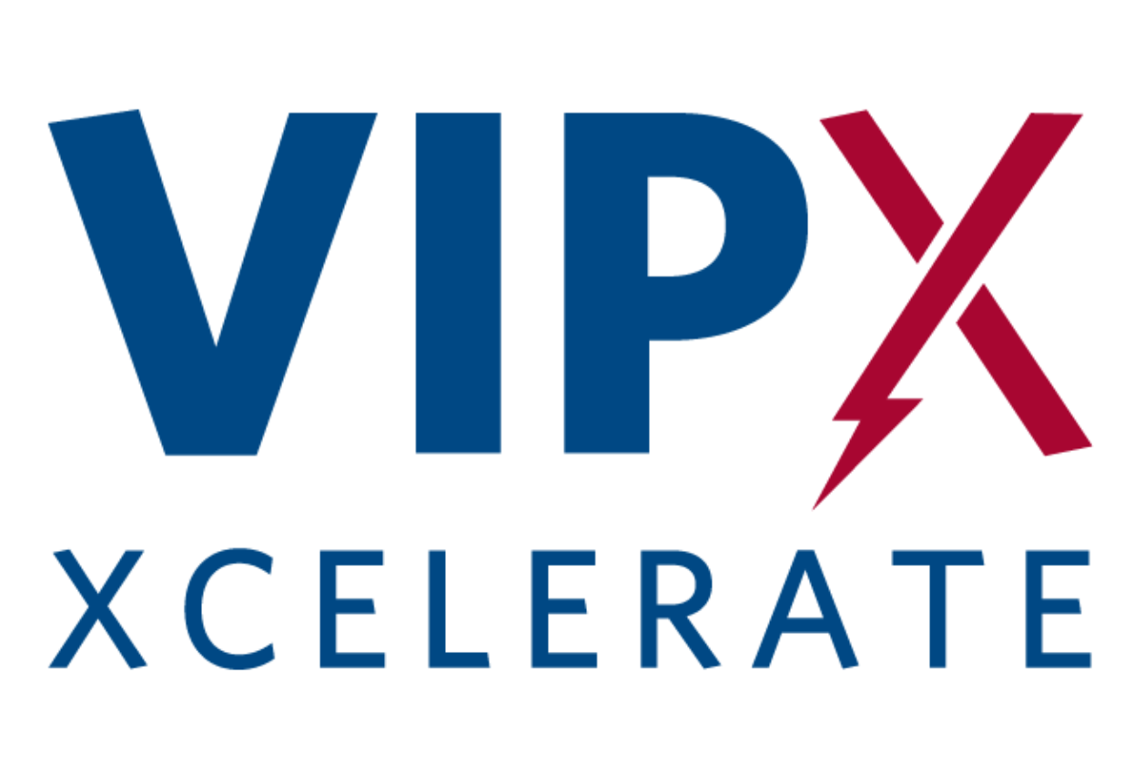 Logo with the text "VIP-Xcelerate" in blue, featuring a stylized red lightning bolt between "VIP" and "X.