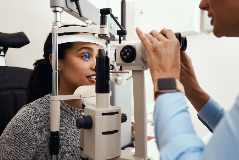 An eye doctor conducting an examination for potential glaucoma using a slit lamp biomicroscope on a female patient.