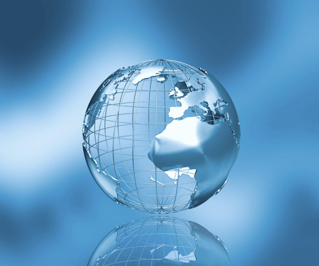 Transparent globe with insufficient data in a wireframe design on a blue background with reflection below.